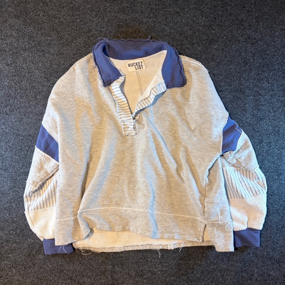 Bucket List Women Patchwork Raw Hem Pullover Grey Blue Striped Size Small